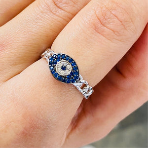 Blue Eye Shape Ring Sterling Silver Chain Style Adjustable Ring