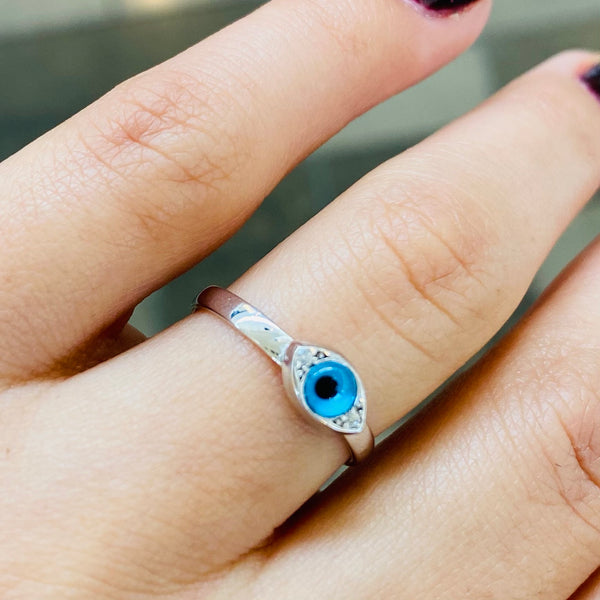Blue Eye Shape Mini Ring Sterling Silver for Pinky Finger Adjustable Ring