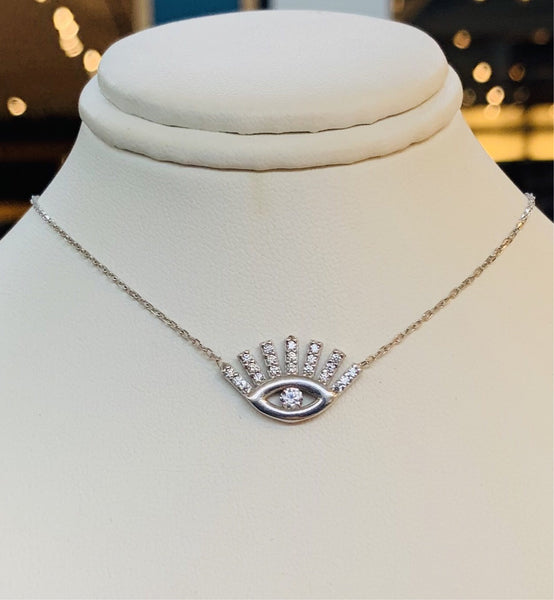 Eye Shape with Lashes Crystal Evil Eye Necklace Sterling Silver