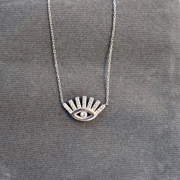 Eye Shape with Lashes Crystal Evil Eye Necklace Sterling Silver