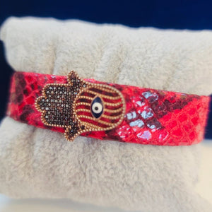 Red Leather Emanel Hamsa Bracelet