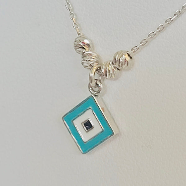 Turquoise Enamel Square Necklace Sterling Silver