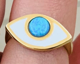 Blue Opal Enamel Stone Eye Shape Evil Eye Sterling Silver Ring