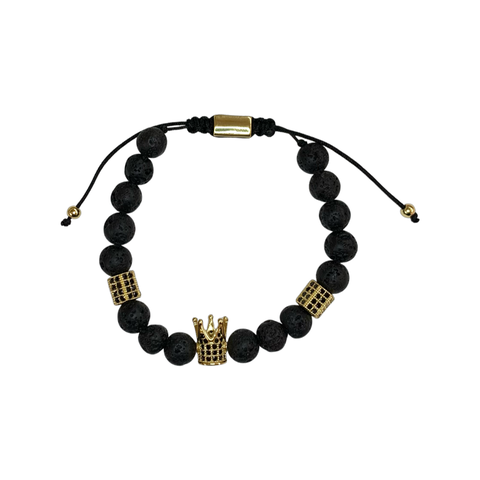 Lava Stone with Crown Crystal Men Women Natural Gemstone Adjustable String Beaded Bracelet