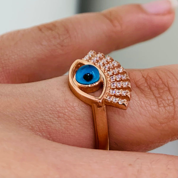 Big Evil Eye With Lashes Rose Gold Sterling Silver Ring