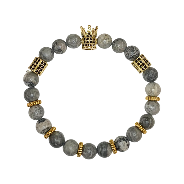 Natural Gray Map Stone Jasper with Golden Crown Crystal Men Women Natural Gemstone Beaded Bracelet