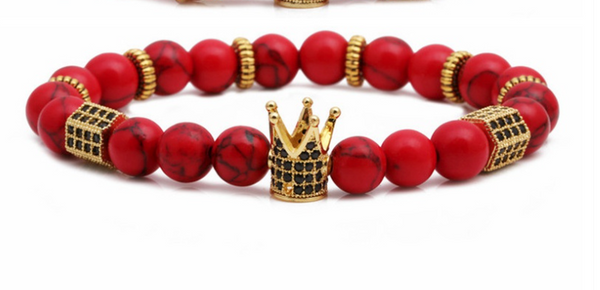 Red Turquoise with Crown Crystal Men Women Natural Gemstone Beaded Bracelet