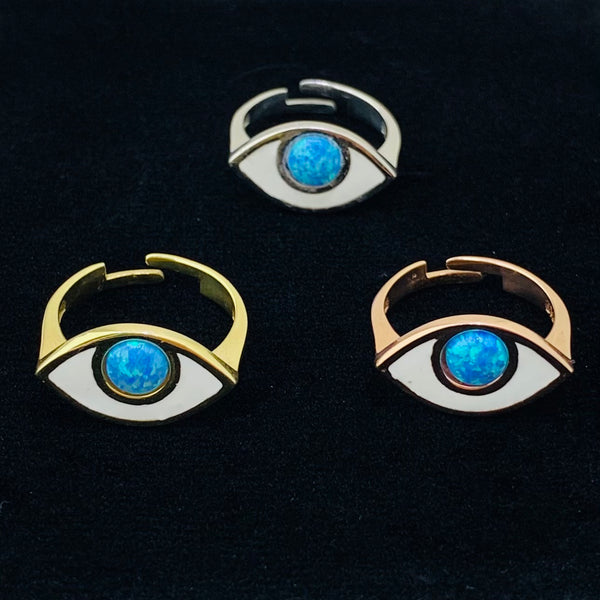 Blue Opal Enamel Stone Eye Shape Evil Eye Sterling Silver Ring