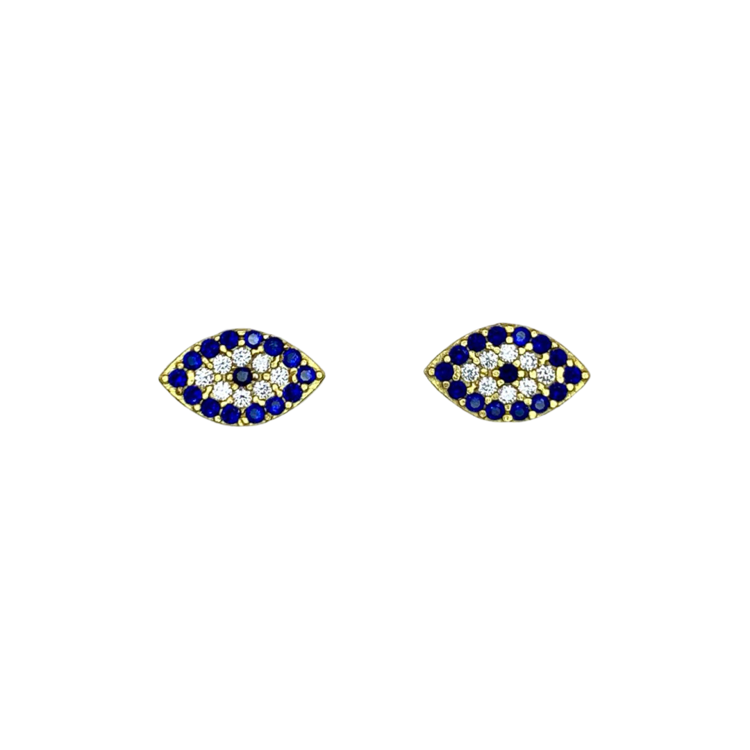 Flat Eye Shape Crystal Evil Eye Stud Sterling Silver Earrings