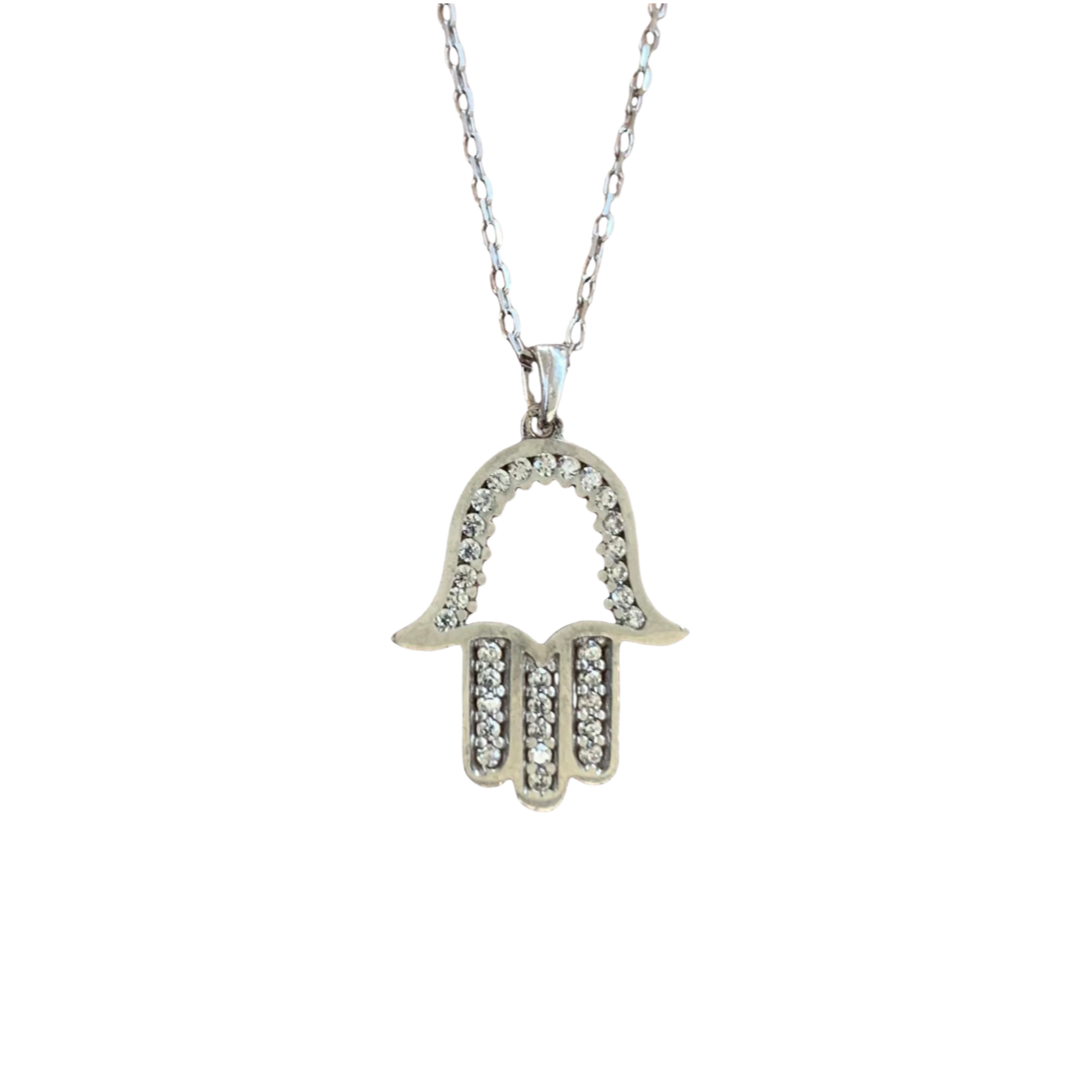 Hamsa Hand Crystal Necklace Silver