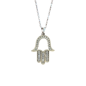 Hamsa Hand Crystal Necklace Silver