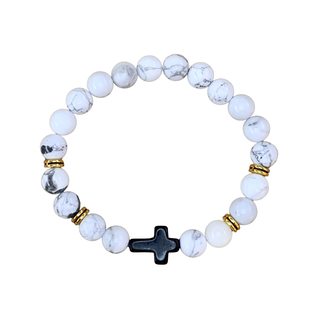 Howlite with Cross Crystal Men Women Natural Gemstone Beaded Bracelet