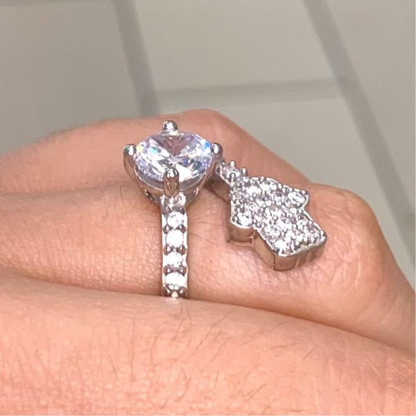 Shiny Crystal Hamsa Sterling Silver Ring