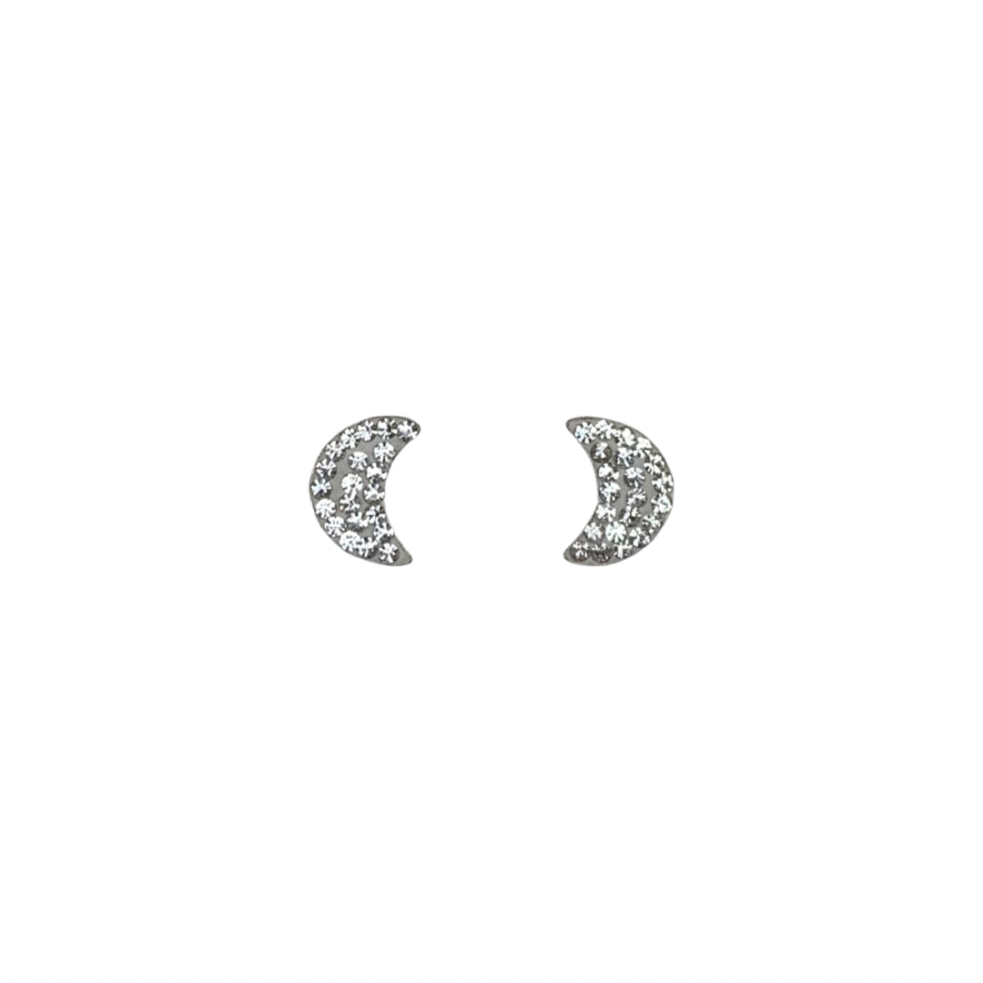 Moon Shape Crystal Silver Stud Earrings