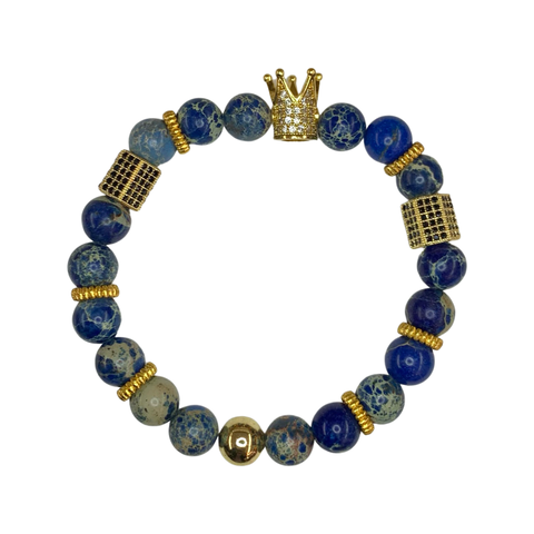 Blue Sea Sediment Jasper with Golden Crown Crystal Men Women Natural Gemstone Beaded Bracelet
