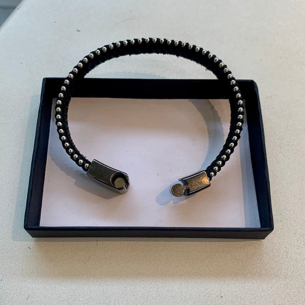Strip Wrapped Black Leather Bracelet