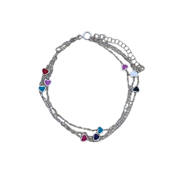 Triple Chain Colorful Hearts Sterling Silver Bracelet