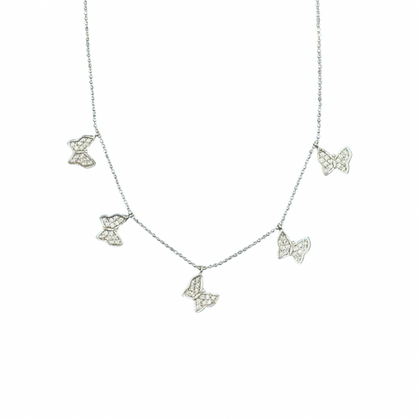 White Crystals Multiple Butterfly Sterling Silver Necklace