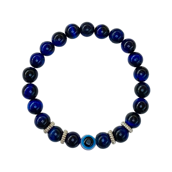 Blue Tiger Eye with Evil Eye Crystal Men Women Natural Gemstone Beaded Bracelet