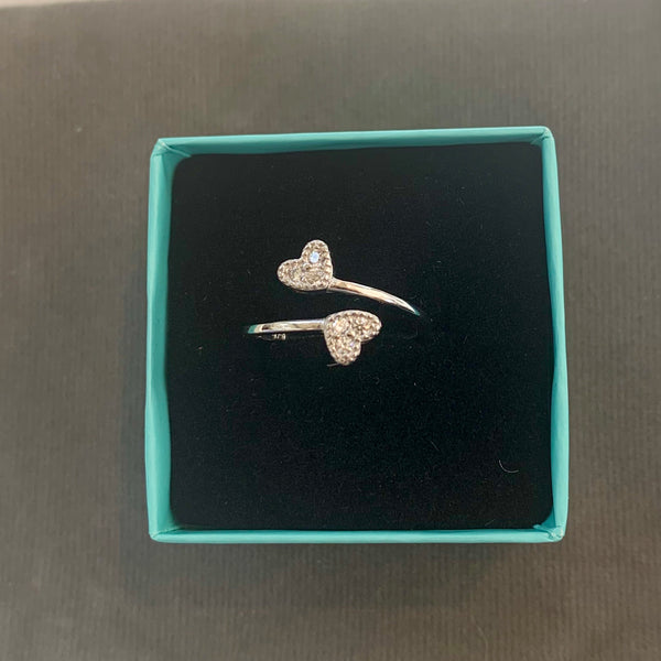 Double Crystal Heart Sterling Silver Ring Adjustable