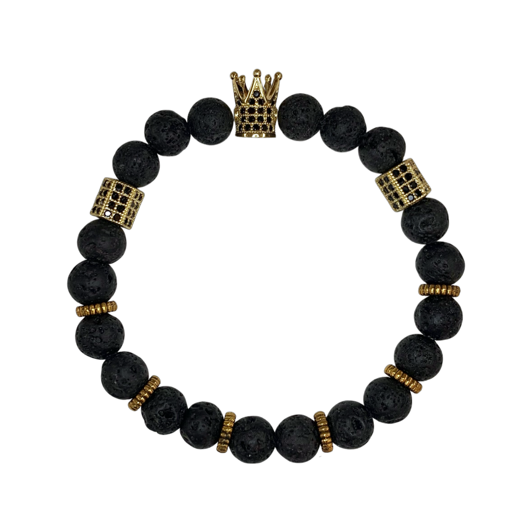 Lava Stone with Crown with Evil Eye Crystal Men Women Natural Gemstone Beaded Bracelet