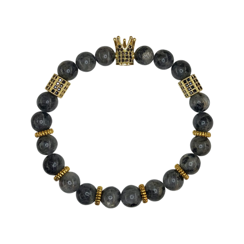 Larvikite with Golden Crown Crystal Men Women Natural Gemstone Beaded Bracelet