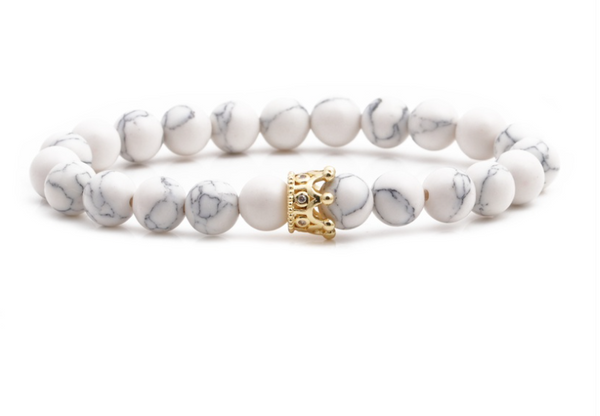 Howlite with Crown Crystal Men Women Natural Gemstone Beaded Bracelet