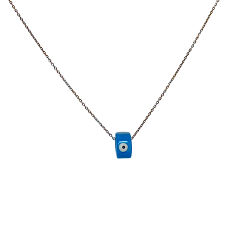Simple Blue Square Bead Evil Eye Sterling Silver Necklace
