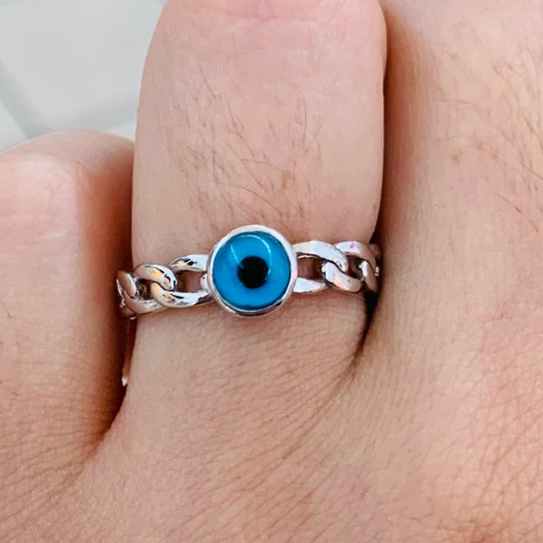 Turkish Blue Eye Chain Ring Adjustable Sterling Silver