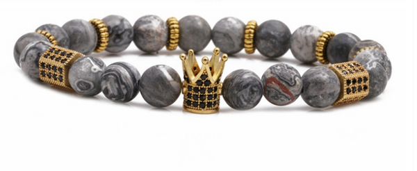 Natural Gray Map Stone Jasper with Golden Crown Crystal Men Women Natural Gemstone Beaded Bracelet
