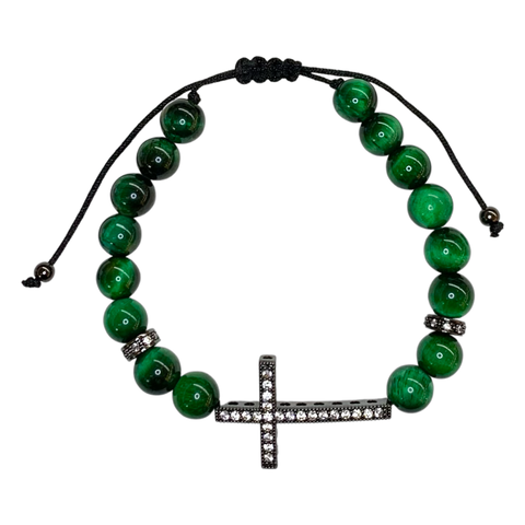 Green Tiger Eye with Big Silver Cross Crystal Men Women Natural Gemstone Adjustable String Beaded Bracelet