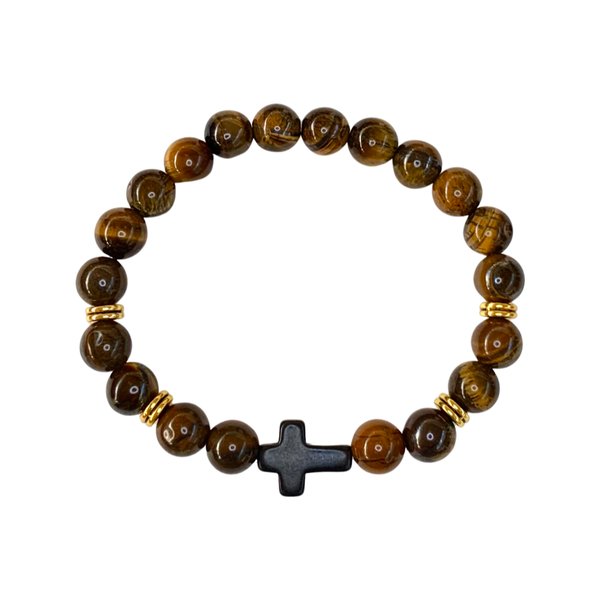 Tiger Eye with Cross Crystal Men Women Natural Gemstone Beaded Bracelet