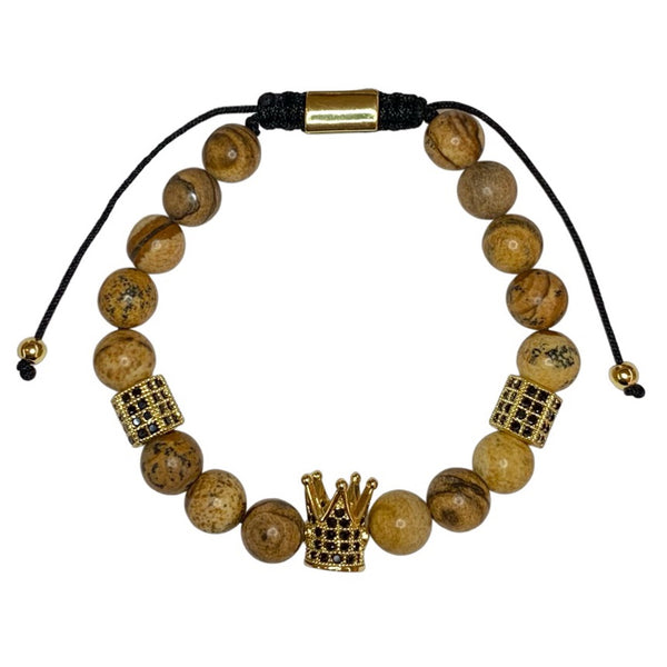 Yellow Sea Sediment Imperial Jasper with Crown Crystal Men Women Natural Gemstone Adjustable String Beaded Bracelet