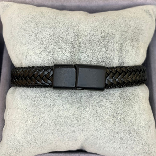Bronze Stainless Steel Black Leather Bracelet