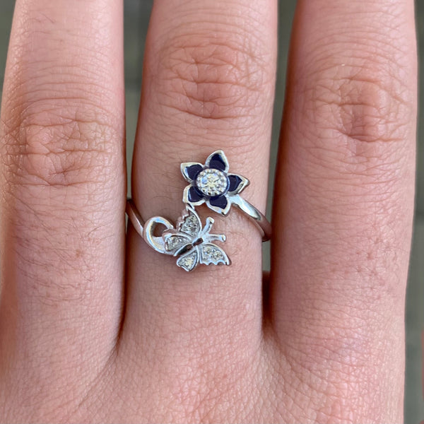 Butterfly Flower Sterling Silver Ring Adjustable