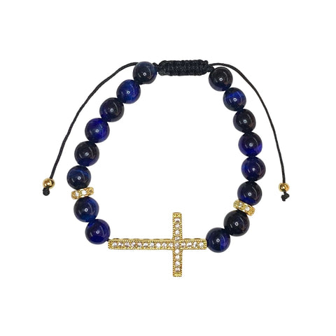 Blue Tiger Eye with Big Golden Cross Crystal Men Women Natural Gemstone Adjustable String Beaded Bracelet
