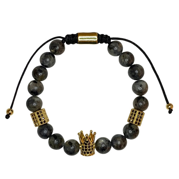 Larvikite with Crown Crystal Men Women Natural Gemstone Adjustable String Beaded Bracelet
