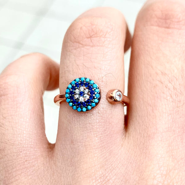 Blue Evil Eye Sterling Silver Ring Adjustable