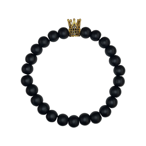 Black Matte Onyx with King Crown Crystal Men Women Natural Gemstone Beaded Bracelet