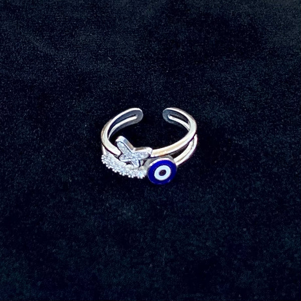 Butterfly Evil Eye CZ Enamel Sterling Silver Ring Adjustable