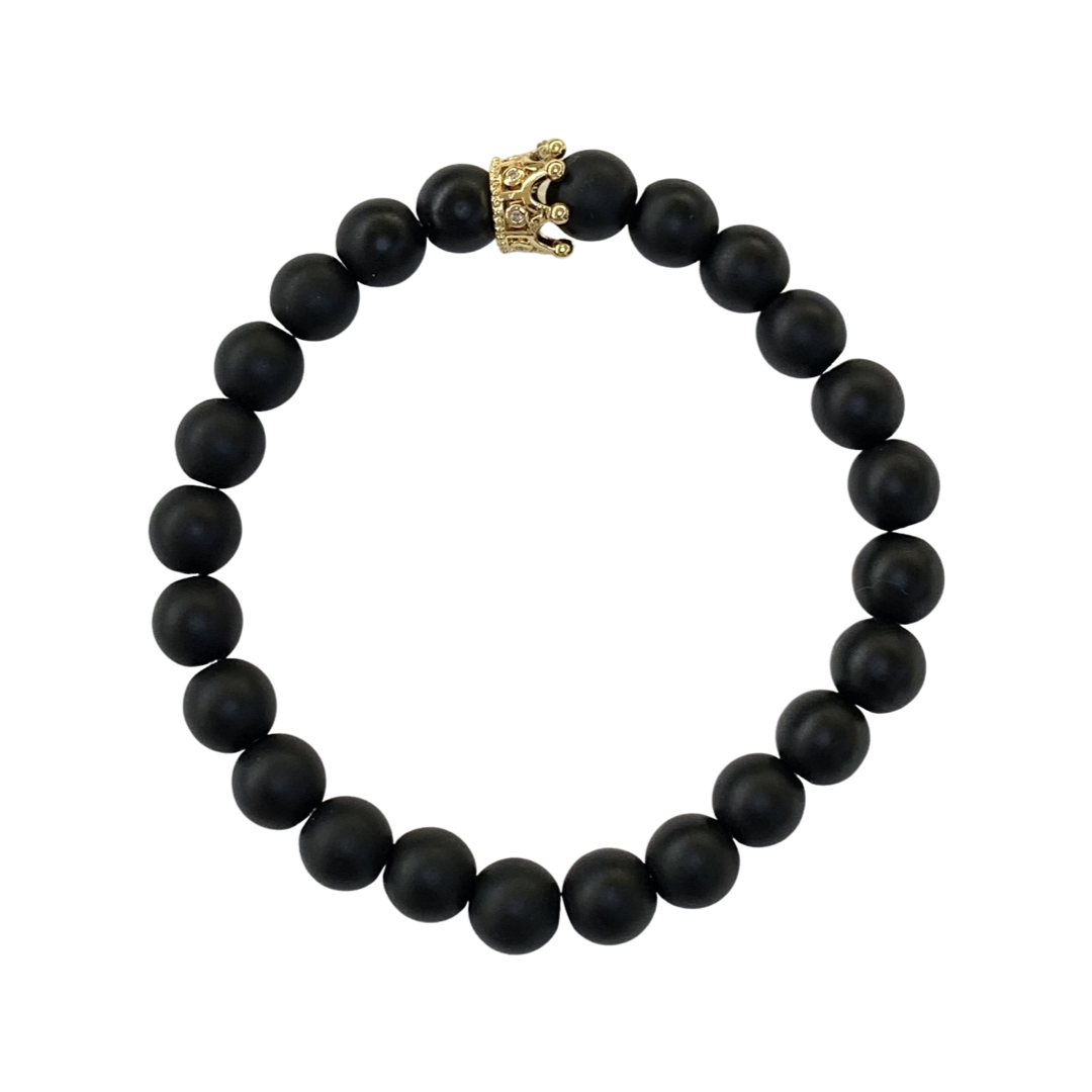 Black Matte Onyx with Queen Crown Crystal Men Women Natural Gemstone Beaded Bracelet