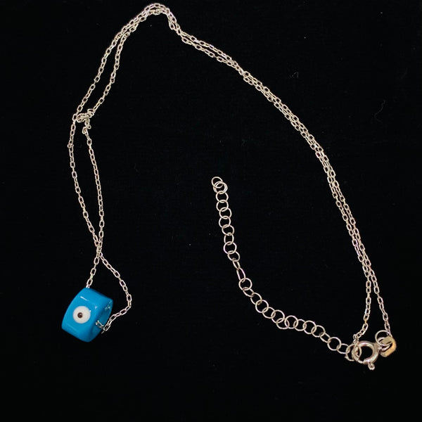Simple Blue Square Bead Evil Eye Sterling Silver Necklace