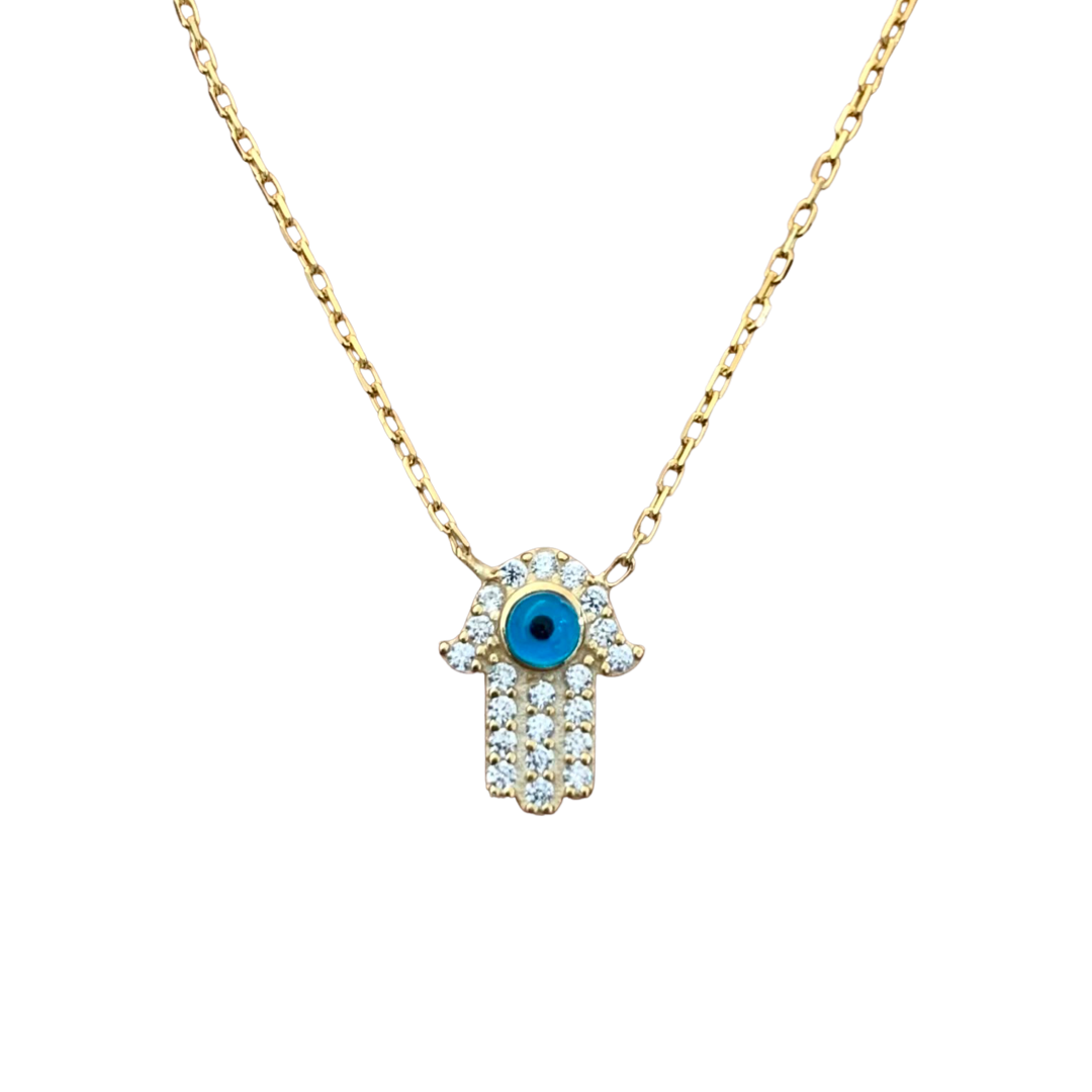 Small Hamsa with Evil Eye Crystals Sterling Silver Necklace