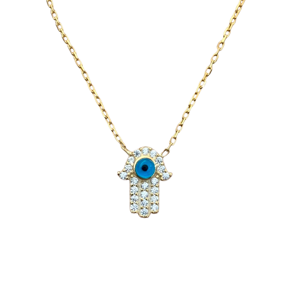 Small Hamsa with Evil Eye Crystals Sterling Silver Necklace