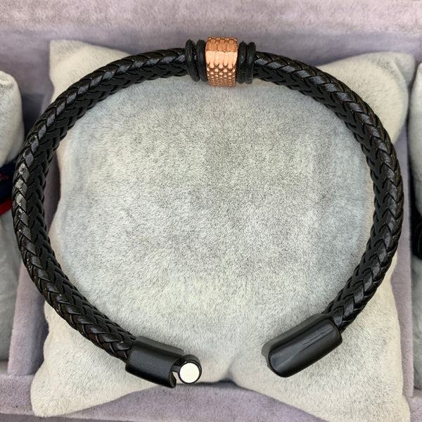 Bronze Stainless Steel Black Leather Bracelet