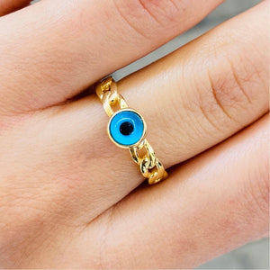 Turkish Blue Eye Chain Ring Adjustable Sterling Silver
