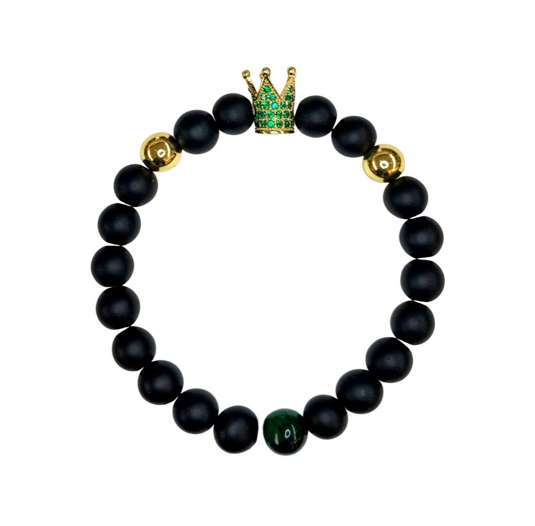 Black Matte Onyx with Green Crown Crystal Men Women Natural Gemstone Beaded Bracelet