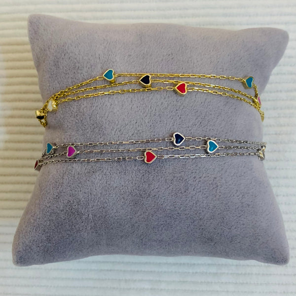 Triple Chain Colorful Hearts Sterling Silver Bracelet