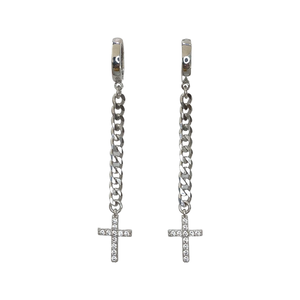 Cross Dangle Chain Sterling Silver Earrings
