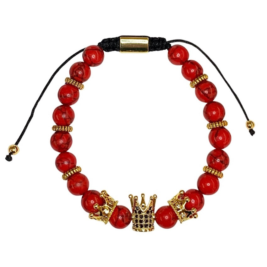 Red Turquoise with Crown Crystal Men Women Natural Gemstone Adjustable String Beaded Bracelet